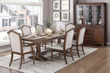 Formal Traditional Dining Set 7pc Table with Extension Leaf and 2 Armchairs 4 Side Chairs Cherry Finish Fabric Upholstery Nailhead Trim Wooden Furnitu