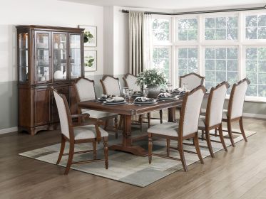 Formal Traditional Dining Set 9pc Table with Extension Leaf and 2 Armchairs 6 Side Chairs Cherry Finish Fabric Upholstery Nailhead Trim Wooden Furnitu