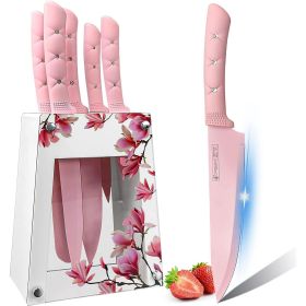 Kitchen Knife Set,Pink Flower 6PC Stainless Steel Sharp Chef Knife Set with Acrylic Stand, Cooking Non-slip Knife Set with Block